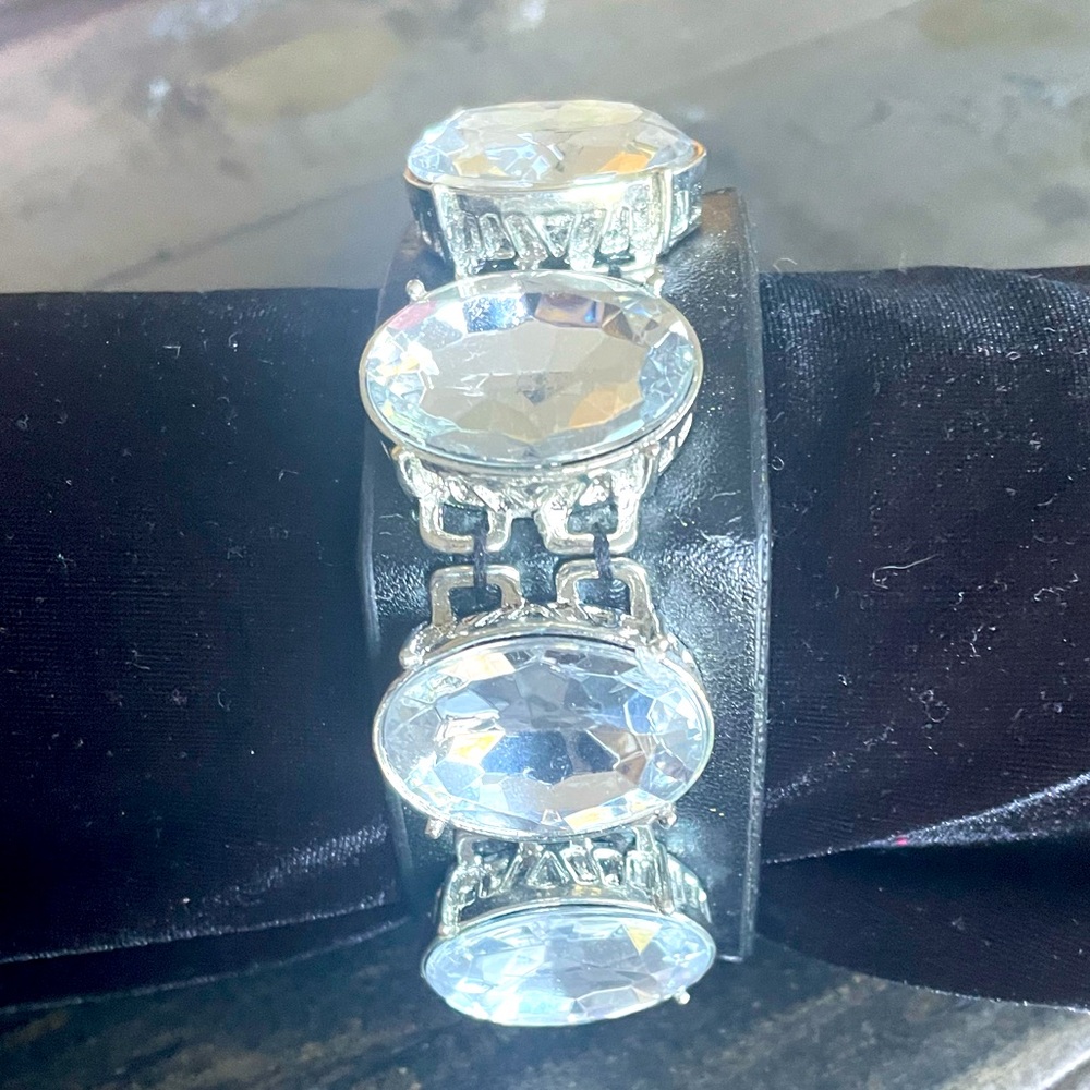 2 Leather Cuff Bracelets Large White Rhinestone